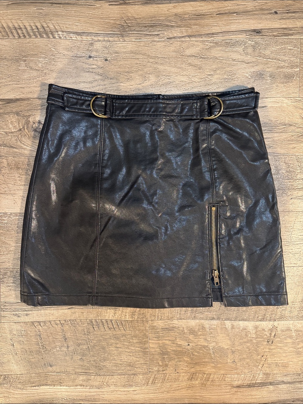 Altar'd State Black Faux Leather Mini Skirt with D-Ring Belt